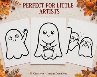 May include: Three white coloring pages featuring black line art of ghosts. One ghost waves, one holds a candy bucket, and two play peek-a-boo. The text reads PERFECT FOR LITTLE ARTISTS and S3 Creations - Instant Download.