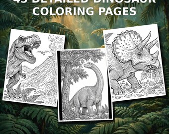 May include: A digital collection titled 45 DETAILED DINOSAUR COLORING PAGES featuring three black and white illustrations of dinosaurs, including a T-Rex, a long-necked dinosaur, and a Triceratops, with text stating Intricate Designs for Adults & Older Kids.