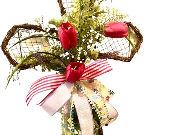 Easter Cross, Twig Cross, Mother's Day Gift, Tulip Door Hanger, Farmhouse Easter Cross, Easter Decoration, Easter Floral Cross Hanger