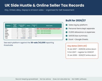 UK Side Hustle Tax Records Spreadsheet 2026/27, Online Seller Sales and Expense Tracker, Trading Allowance, Self Assessment, Excel Sheets