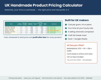 UK Handmade Product Pricing Calculator, Craft Business Profit Spreadsheet (Excel)