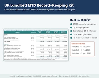 UK Landlord MTD Record-Keeping Spreadsheet 2026/27, Rental Income Tracker (Excel/Google Sheets)