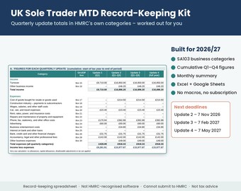 UK Self Employed MTD Spreadsheet 2026/27, Sole Trader Bookkeeping, Making Tax Digital Income Expense Tracker, HMRC Categories, Excel Sheets