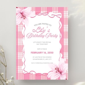 May include: A rectangular birthday party invitation card featuring a pink and white plaid background with watercolour lily illustrations in the corners. The centre white panel contains text including Lily's Birthday Party, February 16, 2030, and event details.