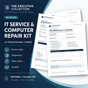 Könnte beinhalten: Ein Set aus 22 professionellen Geschäftsformularen für IT-Service und Computerreparatur, einschließlich Geräteannahme, Diagnose, Arbeitsaufträge und Übergabe. Das druckbare und ausfüllbare PDF-Set ist in Dunkelblau und Weiß gehalten.