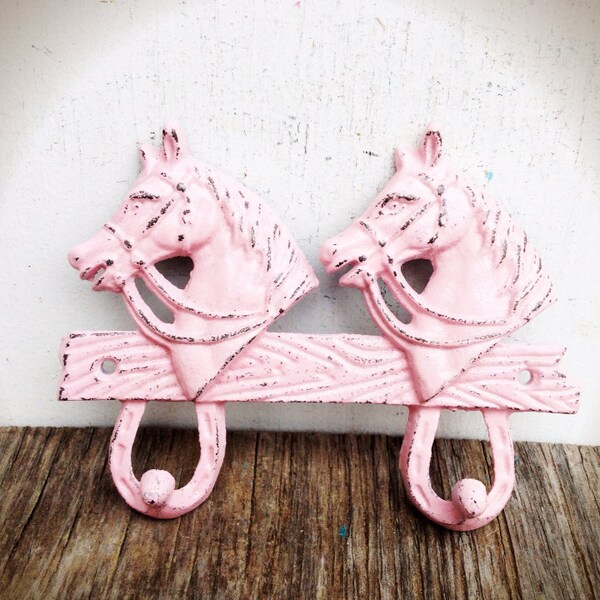 BOLD pastel baby pink shabby chic horse double wall hook // country cottage rustic // coat towel robe hook // western kids cowboy