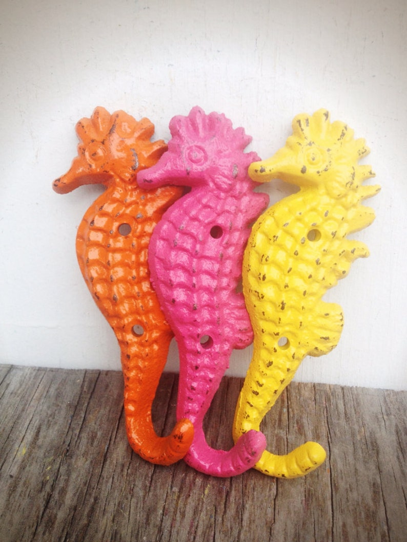 BOLD Trio Seahorse Towel Hooks // Hot Pink Orange & Yellow // Etsy
