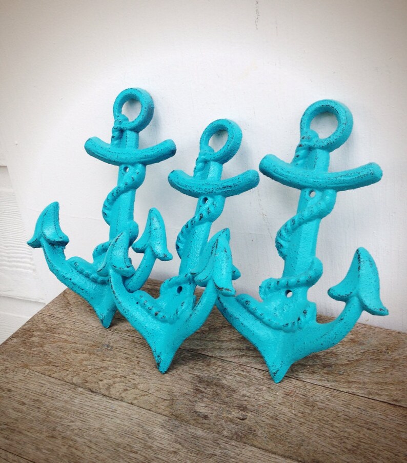 BOLD Set of 3 NAUTICAL Anchor Hooks // Seaside Aqua Blue // Etsy