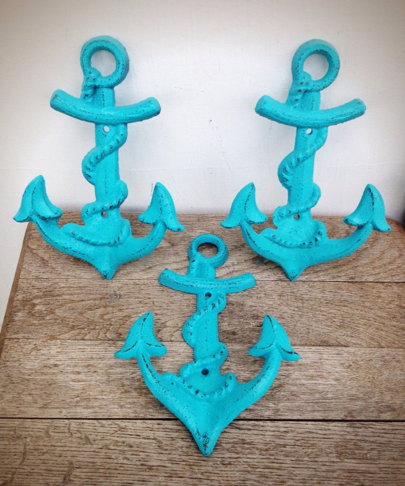 BOLD Set of 3 NAUTICAL Anchor Hooks // Seaside Aqua Blue // Etsy