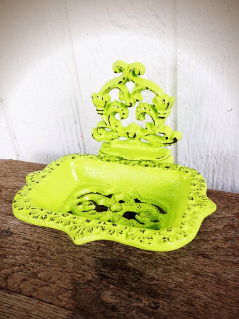 Chartreuse Lime Green Business Card Holder or Soap Dish Modern Victorian Office Storage Rustic Kitchen Accessory Housewarming Gift