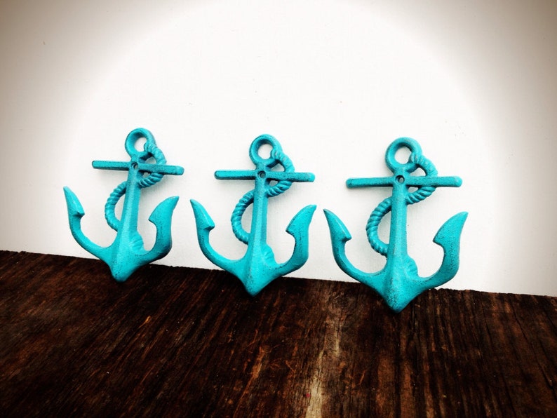 BOLD Set of 3 NAUTICAL Anchor Hooks // Seaside Aqua Blue // Etsy