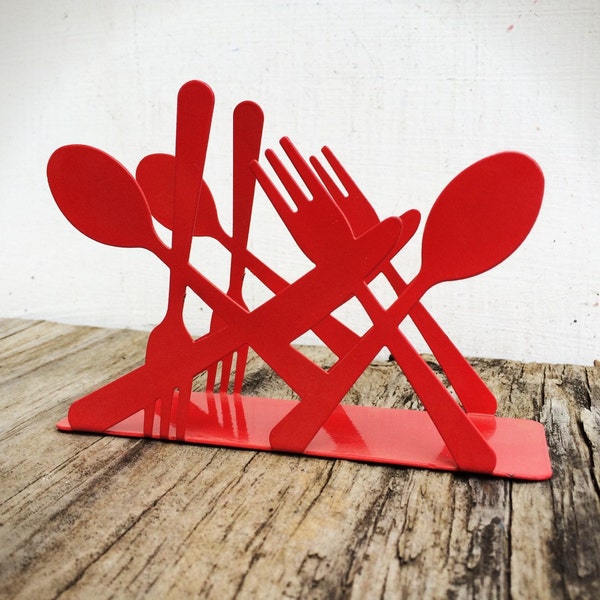 Fork & spoon napkin holder // apple red // laser cut metal shabby chic // picnic tableware // holiday serving silverware kitchen decor