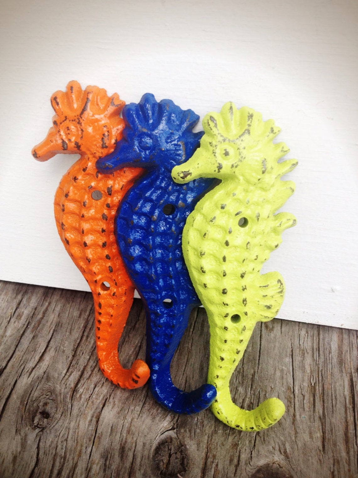 BOLD trio seahorse towel hooks // lime green orange navy blue Etsy