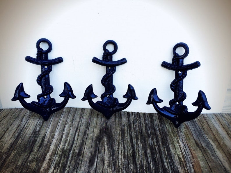 BOLD set of 3 NAUTICAL anchor hooks deep navy blue // wall | Etsy
