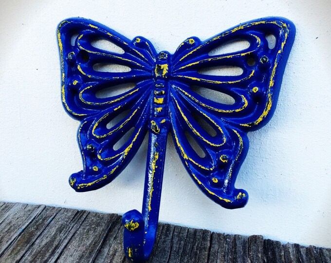 Blue & Yellow Cast Iron Butterfly Wall Hook / Girls Towel Coat Etsy
