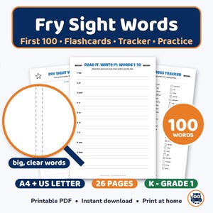 Fry Sight Words Flashcards, First 100 Fry Words with Progress Tracker, Kindergarten and 1st Grade