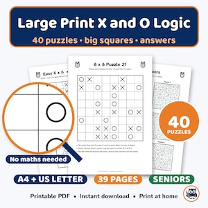 Large Print X and O Logic Puzzles for Seniors, 40 Easy Binary Grid Brain Games, Big Squares, Answers