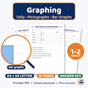 May include: Educational graphing worksheet set featuring tally charts, pictographs, and bar graphs. Includes 16 pages in A4 and US Letter sizes with an answer key. The worksheets contain questions about fruit preferences and tally marks.
