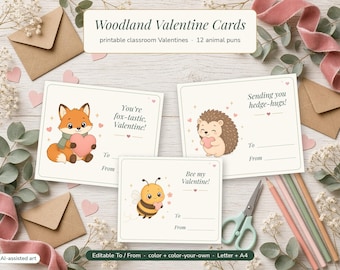 Wald-Valentinskarten für Kinder, druckbare Valentinskarten für die Schule, bearbeitbar, mit Tierwitzen und Ausmalbildern (PDF)