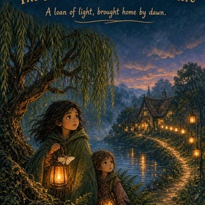 Puede incluir: Una portada de libro titulada The Lantern Thief of Willowmere: A loan of light, brought home by dawn. Muestra a dos niños con capas verdes sosteniendo linternas brillantes bajo un sauce junto a un río, un camino y una casa.