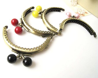 8.5 cm Antique Brass Floral Half Round Metal Sewing Purse Frame with Big Bead Ball Clasp Clip (Red, Yellow, Black, Pink) - Set of 4pcs