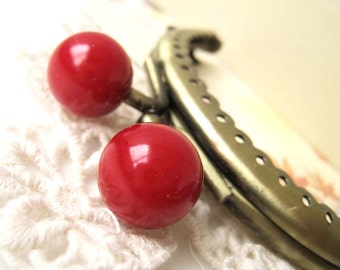 8.5 cm Antique Brass Floral Half Round Metal Sewing Purse Frame with Big Plastic Bead Ball Clasp Clip (Red) - 1pc