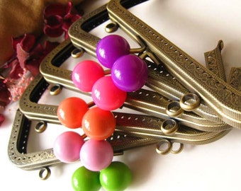 18 cm Antique Brass Bronze Rectangular Sewing Purse Frame with Color Bead Ball Clasp Clip - Set of 5pcs (Green,Light Pink,Coral,Pink,Violet)