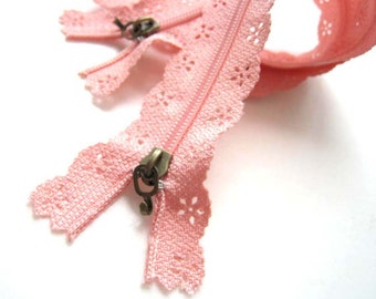 Pink Floral Lace Zipper Zip Fastener (23.5cm long) - 2pc