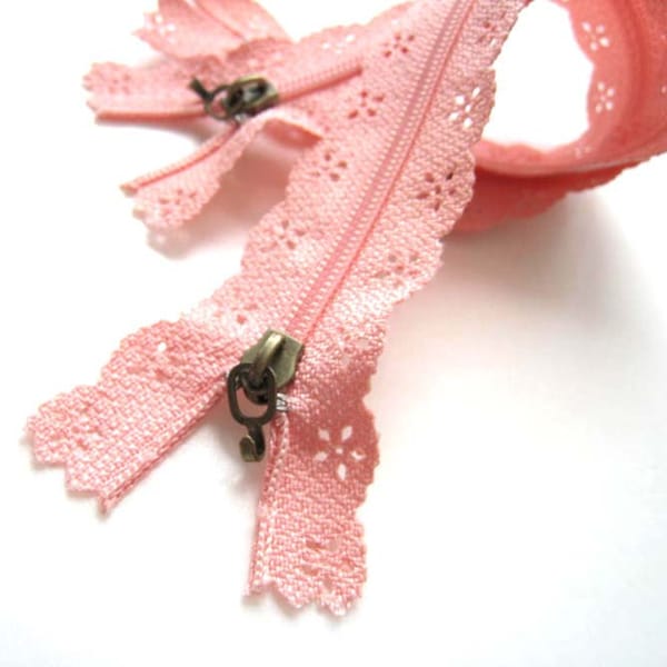 Pink Floral Lace Zipper Zip Fastener (23.5cm long) - 2pc