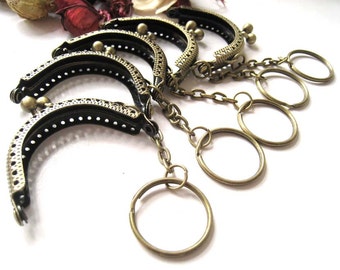 5 cm Antique Brass Embossed Pattern Half Round Sewing Mini Purse Frame with Ball Clasp Clip and Key Ring - Pack of 5pc