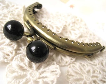 8.5 cm Antique Brass Floral Half Round Metal Sewing Purse Frame with Big Plastic Bead Ball Clasp Clip (Black) - 1pc