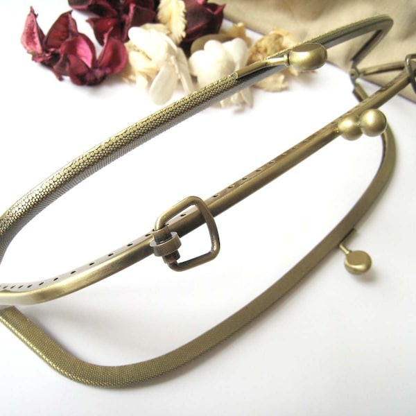 9.5 Inch Antique Brass Bronze Floral Embossed Sewing Double Clip Purse Frame with Two Connector Rings - 1pc