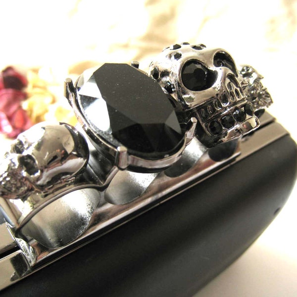 17 x 10 cm Rectangular Dressing Case and Nickel Metal Purse Frame with Skull and Black Faceted Rhinestone Clasp Clip - 1pc
