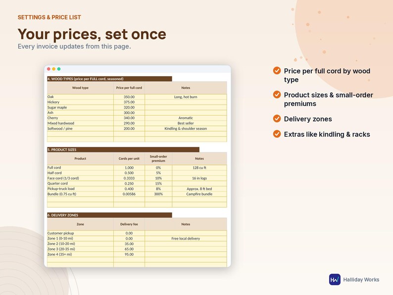 Firewood Business Spreadsheet, Cord Price Calculator & Invoice ...