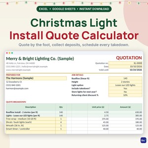 Kostenrechner für Weihnachtsbeleuchtung, Tabellenkalkulation für Weihnachtsbeleuchtungsunternehmen, Installations- und Abbauplan, Excel Google Sheets
