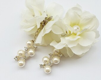 ICON bridal earrings floral earrings, flower silk earrings silk creme pearl strass crystal bridal wedding jewelry