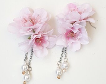 Silk Flower Earrings 3D Flower Earrings Bridal Wedding Party Silk Floral Jewelry Pearl Jewelry