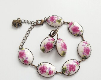 PORCLAIN Porzellan Keramik Orchideen Statement Blüten Ohrhänger Blüten Schmuck nostalgische Ohrringe und Armband Set, Geschenke für Sie