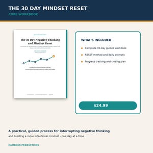 May include: The 30 Day Mindset Reset core workbook features a white cover with a teal line graph and the title The 30 Day Negative Thinking and Mindset Reset. A separate box lists inclusions like a guided workbook, prompts, and a plan.