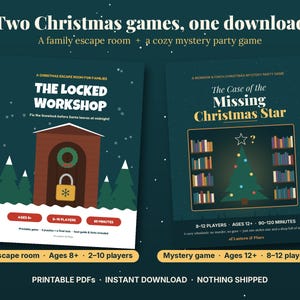 Könnte beinhalten: Zwei druckbare Weihnachtsspiele als PDF mit den Titeln The Locked Workshop und The Case of the Missing Christmas Star. Das erste zeigt eine Werkstatt mit Kranz und Vorhängeschloss, das zweite einen Weihnachtsbaum und Bücherregale auf dunkelgrünem Grund.