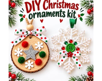 May include: A DIY Christmas ornaments kit featuring a round wooden slice decorated with a silver glitter star, white snowflakes, and red and green pom-poms, alongside a white snowflake ornament adorned with pearls, a green button, and ribbon.