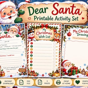 Carta imprimible para niños: Querido Papá Noel, lista de deseos navideños y actividad de dibujo, PDF de 3 páginas