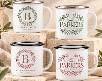 Custom Enamel Wedding Mugs, Personalized Couple Names and Date, Wedding Favors, Romantic Gifts for Couples and Bridal Keepsakes