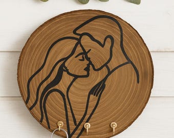 Rustic Wood Wedding Engagement gift Key Holder: Abstract Couple Art, Farmhouse Decor