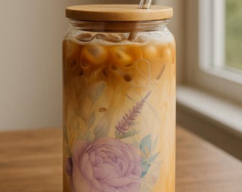 Personalized Purple Floral Glass Tumbler: Bamboo Lid & Straw, Iced Coffee Cup