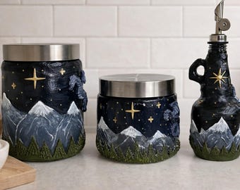 Woodland Fantasy Kitchen Canister Set Cottagecore Dragon, Wedding Registry Gift, 3 Piece Handmade Pantry Collection