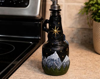 Fantasy Mountain Storage Jar with Dragon Cottagecore Kitchen Canister, Night Sky Woodland Decor