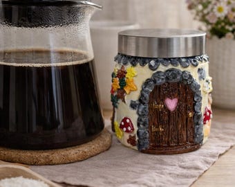 Cottagecore Fairy Door Sugar Canister Glass Storage Jar with Bamboo Lid, Whimsical Kitchen Decor