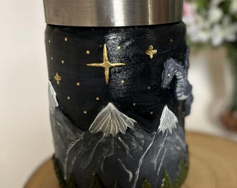 Fantasy Mountain Storage Jar with Dragon Cottagecore Kitchen Canister, Night Sky Woodland Decor
