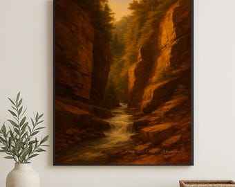 Flume Gorge Painting: Moody Mountain Stream, New Hampshire Landscape (Digital Print)